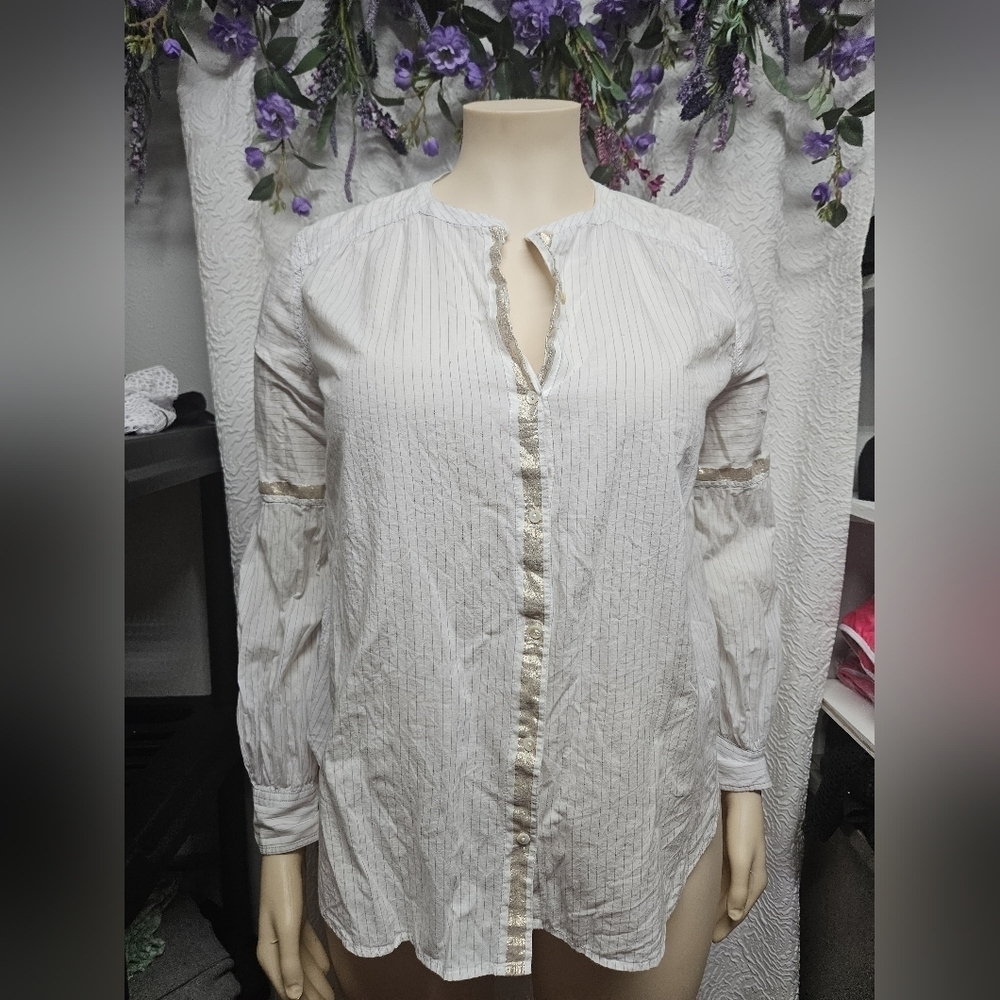 Free People Cream Blouse with Puff Sleeves and Mandarin Collar